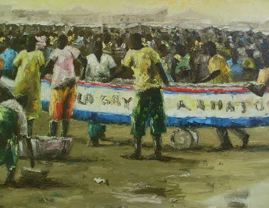 Senegalese painting of a crowd at an outdoor event.